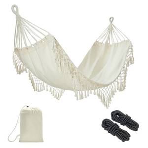 lot 19011 image: JoyView Boho Macrame Single Hammock with Hanging Ropes & Elegant Tassels 78.8x39.4 Portable Cotton Hammock for Patio Backyard Porch 300LBS Weight Capacity Perfect for OutdoorIndoor - Beige Color