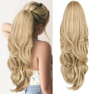 lot 20121 image: CHRSHN Blonde Ponytail Extension, Drawstring Ponytail Extension for Women 26 Inch Long Wavy Highlights Pony Tails Hair Extensions Synthetic Clip in Ponytail Hairpiece for Women(H2488)