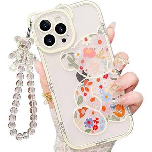lot 20137 image: IAIYOXI for iPhone 12 Pro Case with Cute Flowers Bear Pattern, Camera Protector, Clear Case and Lovely Strap Bracelet Chain, Compatible for iPhone 12 Pro for Girls Women (Clear)
