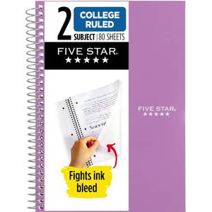 lot 20138 image: Five Star Spiral Notebook, 2 Subject, College Ruled Paper, 6 x 9-12, 80 Sheets, Fights Ink Bleed, Water Resistant Cover, Amethyst Purple (840029CF1-ECM)