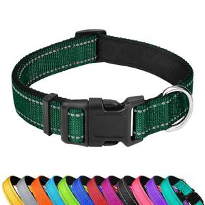 lot 20144 image: PWOD Reflective Dog Collar, Adjustable Soft Neoprene Padded Nylon Pet Collars with Buckle for Puppy and Small Dogs, Cats, Dark Green,XS