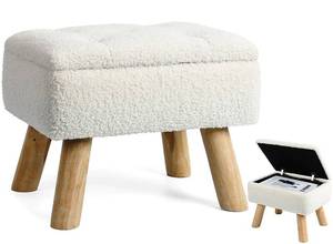 lot 1450 image: OGEMXU Storage Ottoman, Small Foot Stool Ottoman with Storage, Boucle Teddy Velvet Foot Rest with Padded Seat, Sturdy Wood Legs Stool for Living Room, Bedroom, Couch, Enterway (Cream)