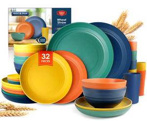 lot 1456 image: Teivio 32-Piece Kitchen Plastic Wheat Straw Dinnerware Set, Service for 8, Dinner Plates, Dessert Plate, Cereal Bowls, Cups, Unbreakable Colorful Plastic Outdoor Camping Dishes, Autumn Multicolor