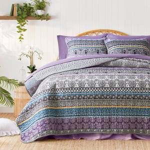 lot 1458 image: 3 Pieces Colorful Bohemian Quilt Set Full Queen Size, Purple n Grey Boho Striped Printed Bedding Bedspread Coverlet Set for Summer, Soft Lightweight Microfiber Quilt with 2 Shams (88x88 inces)