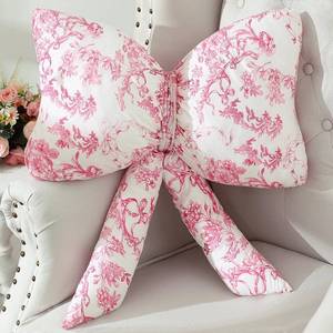 lot 1460 image: Colingmill Bow Shaped Throw Pillow 24 Inch Large Pink and White Chinoiserie Floral Pillow Decorative Coquette Love Shack Fancy Decor for Sofa Bed Couch Living Room