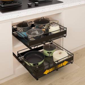 lot 1469 image: REALINN 2 Pack Pull Out Cabinet Organizer, Expandable(12-20in) Slide Out Drawers 3 Slide Rails Fix with Adhesive or Screw, Roll Out Shelves for Kitchen Cabinet Organization, Black, 12cm heightin