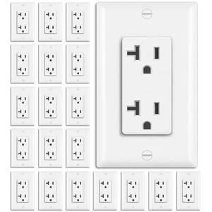 lot 1482 image: BESTTEN 20 Pack 20 Amp Decorator Receptacle, Electrical Wall Outlet, Non-Tamper-Resistant, Residential and Commercial Use, 20A125V2500W, UL Listed, White