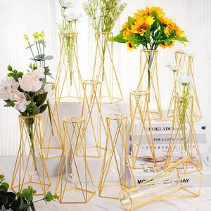 lot 1484 image: Dandat 12 Pcs Gold Geometric Vase for Centerpieces Glass Vase with Metal Stand Hydroponic Plant Flower Vase Modern Vase for Wedding Home Office Centerpiece Decor (8.7 Inch)