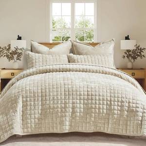 lot 1485 image: RECYCO Luxury Velvet Quilt Set King Size Bedding Sets, Ultra Soft Velvet Comforter Set, Lightweight Channel Box Stitch Oversized Bedspread Coverlet for All Season, with 2 Shams, Beige