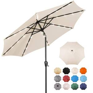 lot 1495 image: Sun-Ray 9 FT 32 LED Patio Solar Umbrella w Push Button Tilt and Crank Outdoor Umbrella  8 Sturdy Ribs  UV Protection  Solution-Dyed Fabric  Creamy Beige