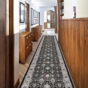 lot 1502 image: Hallway Washable Runner Rug - 2ft6x12 Kitchen Rugs Entryway Rug Runner Vintage Soft Floor Mat Non Slip Indoor Farmhouse Carpet for Bathroom Living Room Bedroom (2ft6ftftx12ft, Black)