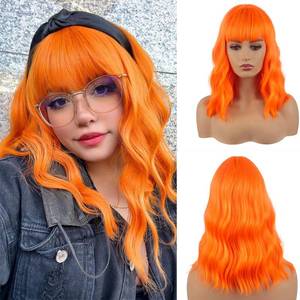 lot 2188 image: Cetiq Short Bob Wigs with Bangs for Women Loose Wavy Wig Curly Wavy Shoulder Length Bob Synthetic Cosplay Wig for Girl Colorful Costume Wigs (Orange)