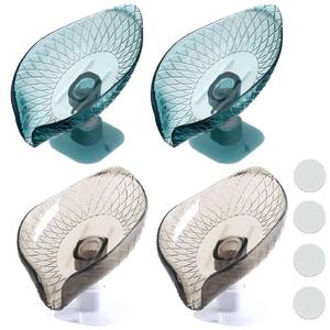 lot 2198 image: VDKIDKT 4 Pack Transparent Soap Dish Holder Bar Soap Holder Self Draining for Shower Leaf Shape Soap Holder Sponge Container with Enlarged Sucker Self-Draining to Keep Soap Dry (2Blue 2Grey)