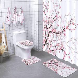 lot 2231 image: Newwiee 7 Pcs Cherry Blossom Shower Curtain Set with Non-Slip Mats Bathroom Set with Shower Curtain and Towels Toilet Mat Waterproof Watercolor Bathroom Decor Bath Accessories