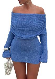 lot 2232 image: Unybwonn Womenfts Off Shoulder Mini Short Dress Bodycon Long Sleeve Crochet Sexy Going Out Mesh Elegant Sweater Dresses Blue S
