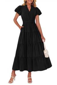 lot 2234 image: dowerme Womens Summer Dresses 2025 Casual Puff Sleeve V Neck Smocked Waist A-Line Tiered Maxi Prom Dress with Pockets(Black,X-Large)