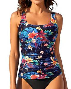 lot 2237 image: Aqua Eve Tankini Tops for Women Swimwear Top Only Tummy Control Bathing Suit Top No Bottom (Available in Plus) Black and Colorful Flower M
