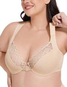 lot 2241 image: Plusfreeee Minimizer Front Closure Racerback Bras Unlined Plunge Lace Full Coverage Plus Size Bra Nude 38G