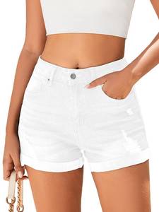 lot 2242 image: Womenfts Mid-High Rise Ripped Denim Shorts Stretchy Distressed Jean Shorts with Pockets Folded Hem Casual Summer Shorts XL