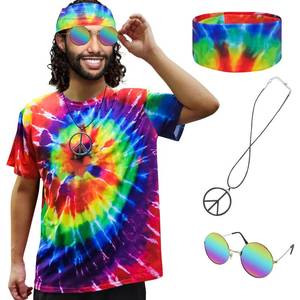 lot 2247 image: XonyiCos Hippie Costume for Men Women 60s and 70s colorful T-shirt sunglasses headband Peace necklace 4-piece theme party (Tie-dye 4 piece set, Large)