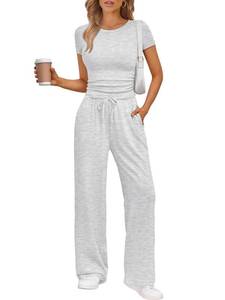 lot 2248 image: Trendy Queen Womens 2 Two Piece Set 2025 Summer Workout Beach Vacation Gym Clothes Fall Fashion Lounge Matching Sweatsuit Sweat Teacher School Wide Leg Pant Travel Outfit Fitness Athletic Clothing S