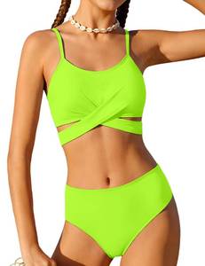lot 2259 image: AGERWAY Girls Swimsuit Size 8-10 Girls Bathing Suit Criss Cross Bikini Set Two Piece Adjustable Shoulder Straps Swimwear Neon Green Solid Color 9-10 Years