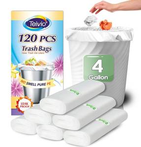 lot 2260 image: Teivio 4 Gallon 120 Counts Strong Trash Bags Garbage Bags, Bathroom Trash Can Bin Liners, Small Plastic Bags for home office kitchen, fit 12-15 Liter, 3,3.5,4.5 Gal, Clear
