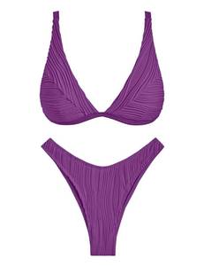 lot 2267 image: ZAFUL Women Swimsuit High Cut Plunging Neck Thong Bikini Sets 2 Piece Textured Swimwear Purple Small