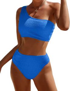 lot 2268 image: Pfreesea Bikini Sets for Women High Waisted 2 Piece Bestselling Swimsuit Ribbed One Shoulder Tummy Control Bathing Suit 2025 Blue M