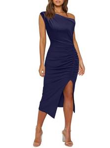 lot 2275 image: OWIN Women Cocktail Dress Elegant One Shoulder Navy Blue Formal Ruched Bodycon Wedding Guest Homecoming Evening Party Dress Midi Length Navy M