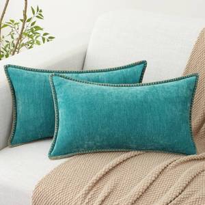 lot 2278 image: decorUhome Chenille Soft Throw Pillow Covers 12x20 Set of 2, Lumbar Velvet Farmhouse Neutral Decorative Euro Pillow Covers with Stitched Edge for Couch Sofa Bed Home Decor, Turquoise