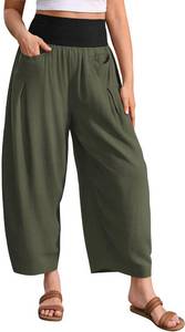 lot 2280 image: TARSE Womens Linen Harem Pants Loose Fit Boho Casual Trousers Wide Leg Lounge Pants with Pockets Green, L
