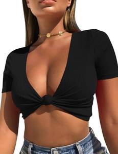 lot 2284 image: Mizoci Womenfts Sexy Knot Front Crop Top Deep V Neck Short Sleeve Basic Casual T Shirt,Large,Black