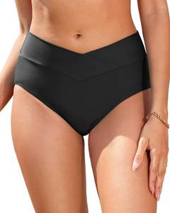 lot 2286 image: Women V Cut Full Coverage Bikini Bottom - High Waist Swim Bathing Suit Bottoms Cross V Front Swimsuit Black XS