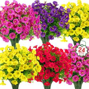 lot 2310 image: Ouddy Decor 24 Bundles Artificial Flowers for Outdoors Decoration Fake Silk Morning Glory Flowers Faux Eucalyptus Plants UV Resistant for Porch Patio Garden Spring Summer Home Decor, Multicolor