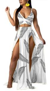 lot 2326 image: Women Sexy 2 Piece Outfits Dress Deep V Neck Bra Crop Top High Split Maxi Dresses Skirt Set Bathing Suit Cover up White L