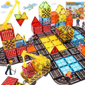 lot 2330 image: Magnetic Tiles Kids Construction Toys - Road Set with Magnet Crane for Boys Age 3-10, Magnet Building Blocks Expansion Pack Toy Car Track Train Set, Road, Dolls, Traffic Lights and Stations