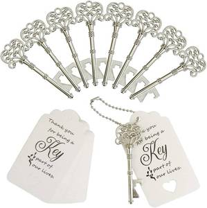 lot 2357 image: WODEGIFT 100 PCS Wedding Favors Bottle Opener,Wedding Gifts for Guest Vintage Skeleton Key Opener,Key Openers with Escort Tag Cards and Chains (Silver)