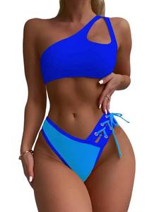 lot 2362 image: SherryDC Womenfts Cheeky Cutout One Shoulder Bikini Color Block V Cut High Leg Two Pieces Swimsuit S