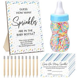 lot 2363 image: Qilery 122 Pcs Baby Shower Games Guess How Many Sprinkles Included Standing Sign 100 Guessing Cards 20 Pencils 1 Baby Bottle for Gender Reveal Party Favor No Sprinkles(Blue)