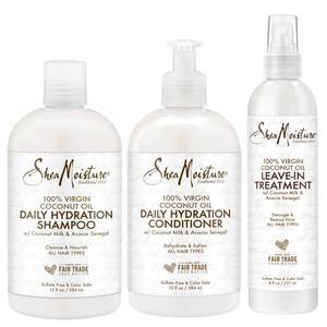 lot 2374 image: SheaMoisture Shampoo and Conditioner  Leave-in Treatment, Daily Hydration with Coconut Oil, Hair Detangler, Frizz Control, Cruelty-Free (3 Piece Set)