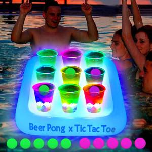 lot 2388 image: 23 x 23 Inch Glowing Pool Party Rack Tic Tac Toe Floating Rafts, Swimming Pool Pong Party Game Drinking Game and Drink Holder, Includes 1 Rafts 9 Cups and 10 Pong Balls, Flashing Color 1