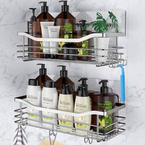 lot 5382 image: Orimade Shower Caddy Basket Shelf with 5 Hooks Adhesive Organizer Storage Rack Rustproof Wall Mounted Stainless Steel No Drilling for Bathroom, Toilet, Kitchen - 2 Pack