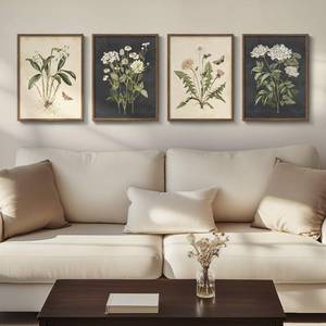 lot 5388 image: Framed Botanical Wall Art for Living Room, 4 Piece Rustic Floral Canvas Paintings Prints ArtWork for Walls, Vintage Flower Butterfly Pictures for Farmhouse Dining Room Hallway Bedroom Kitchen Bathroom Wall Decor