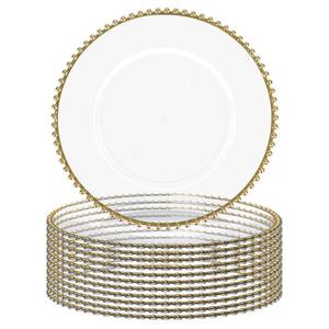 lot 5400 image: MAONAME 13 Clear Charger Plates Set of 12, Round Plate Chargers with Gold Beaded Rim, Table Charger for Dinner Plates, Plastic Chargers for Table Setting, Wedding Decorin