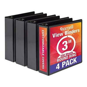 lot 5406 image: Samsill Economy 3 Ring Binder Organizer  3 Inch Round Ring Binder  Customizable Clear View Cover  Black Bulk Binder 4 pack  (Model MP48580)
