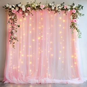 lot 5411 image: Xiomot Tulle Backdrop Curtain with Lights String 10FT X 8FT Pink Sheer Tulle Backdrop Curtains for Wedding Birthday Party Reception Photo Booth Background Decorations (2 Panels 5x8FT)