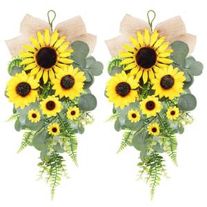 lot 5415 image: 24in Artificial Sunflowers Teardrop Swag Spring Summer Sunflowers Floral Swag Wreath with Burlap Bow Fake Yellow Sunflower Garland for Front Door Indoor Outdoor Window Home Decor