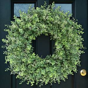 lot 5418 image: 26ftft Eucalyptus Wreath for Front Door - Large Artificial Eucalyptus Leaves with White Seeds Greenery Outdoor Wreath for Porch,Window,Farmhouse,Home,Hanging Decor- Spring, Summer, All Seasons (Green) 