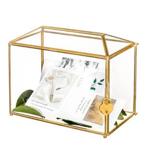lot 5424 image: NCYP Small 10.2 x 5.9in x 7.9in Glass Cards Box with Slot and Lock for Wedding Reception - Home Birthdays Party Geometric Decorative, Gold - Slot Length 6.3 Inches (Glass Box Only)in